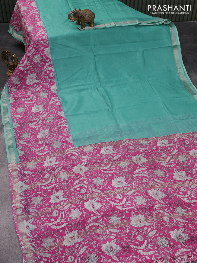 Mangalgiri silk cotton saree teal blue shade and magenta pink with plain body and kalamkari printed silver zari border
