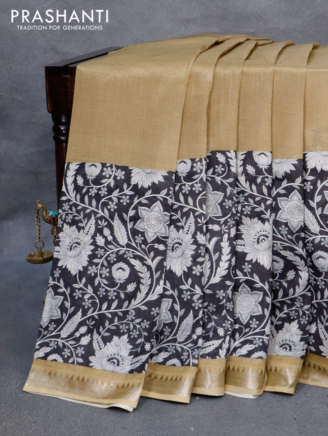 Mangalgiri silk cotton saree khaki shade and black with plain body and kalamkari printed silver zari border