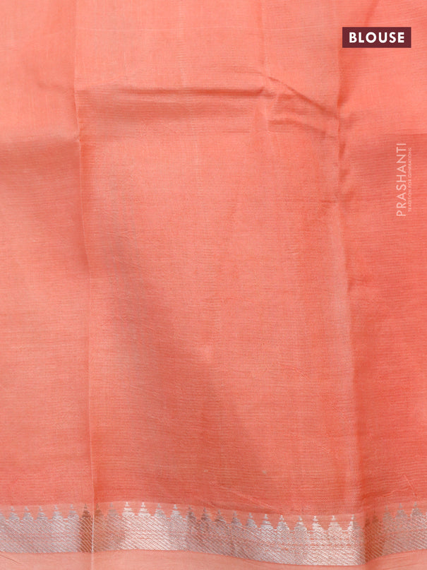 Mangalgiri silk cotton saree lime green and peach orange with allover bandhani prints and silver zari woven border
