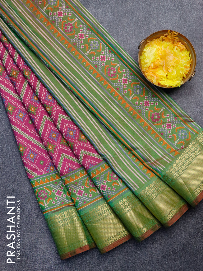 Semi tussar saree dark magenta and dual shade of green with allover ikat weaves and zari woven border