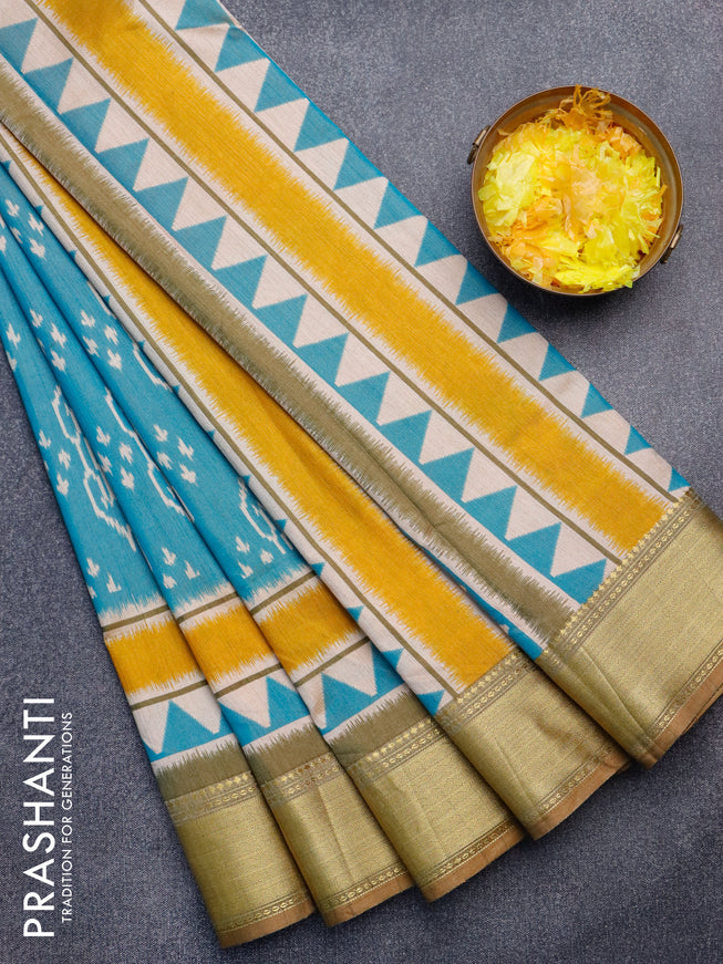 Semi tussar saree blue shade and sandal with allover ikat butta weaves and zari woven border