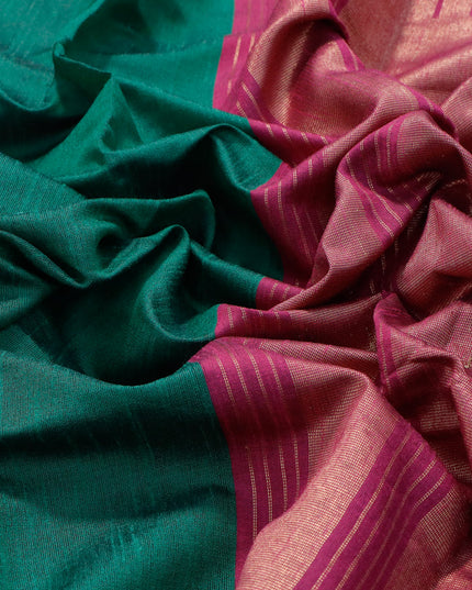 Dupion silk saree green and magenta pink with plain body and temple design zari woven simple border