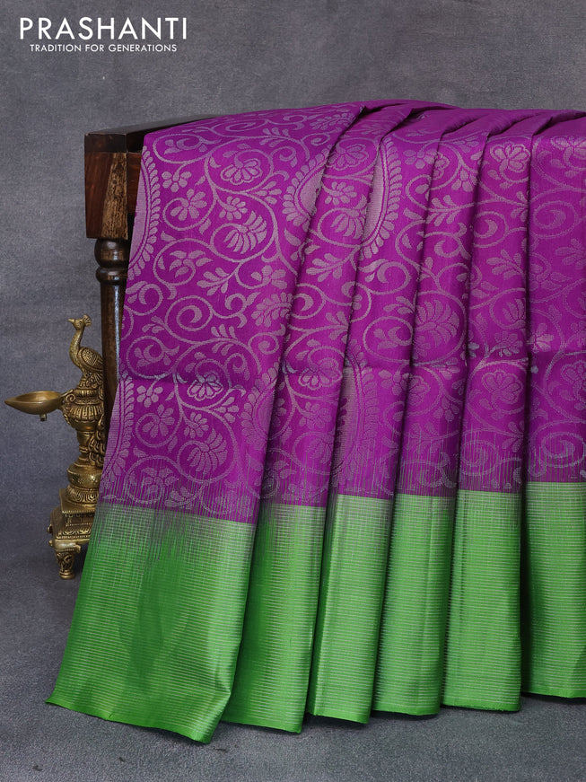 Pure soft silk saree violet and light green with allover silver zari woven brocade weaves and zari woven simple border