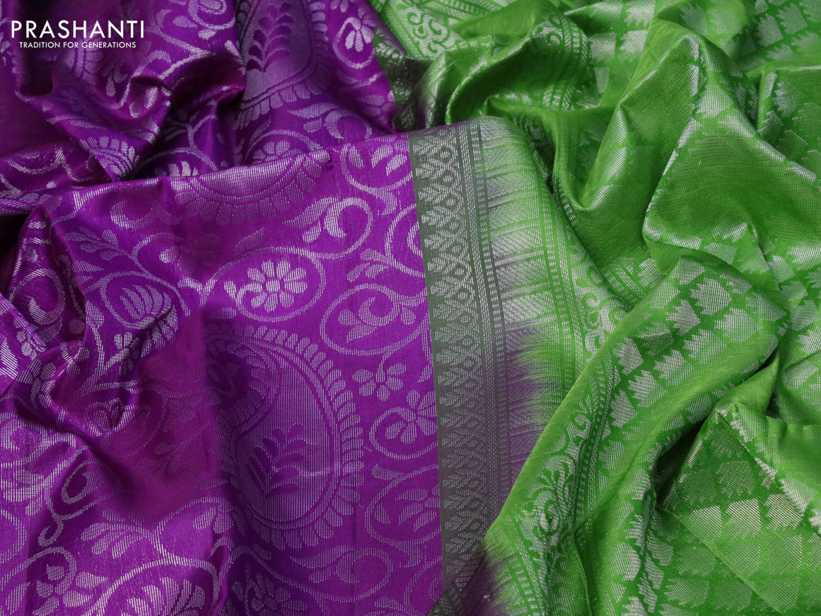 Pure soft silk saree violet and light green with allover silver zari woven brocade weaves and zari woven simple border