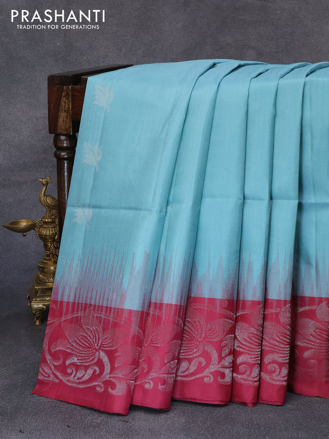 Pure soft silk saree pastel blue and maroon with silver zari woven buttas and silver zari woven border