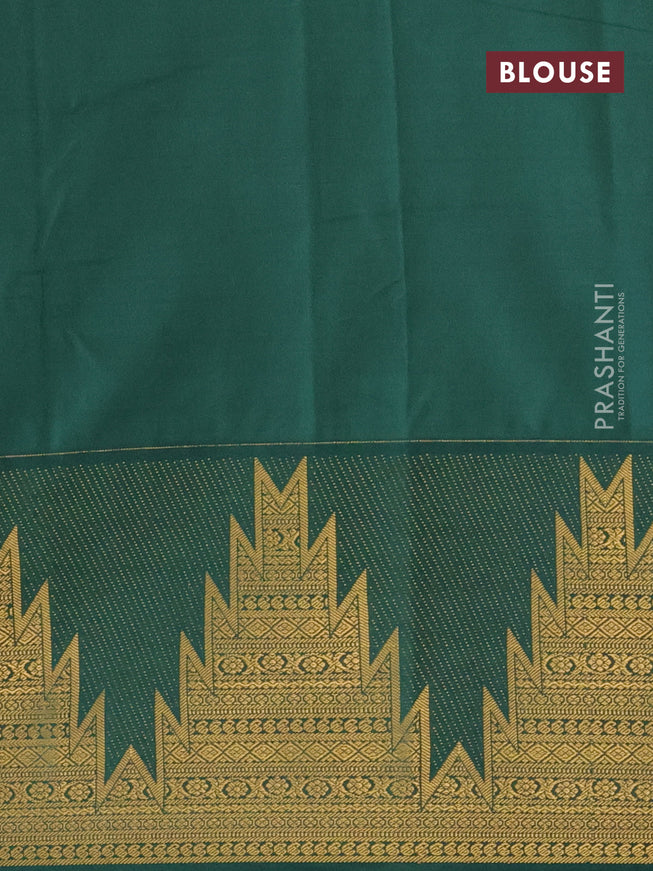 Semi kanjivaram silk saree dark pink and dark green with zari woven buttas and long temple design zari woven korvai border
