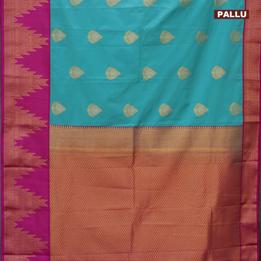 Semi kanjivaram silk saree teal blue and purple with zari woven buttas and long temple design zari woven korvai border