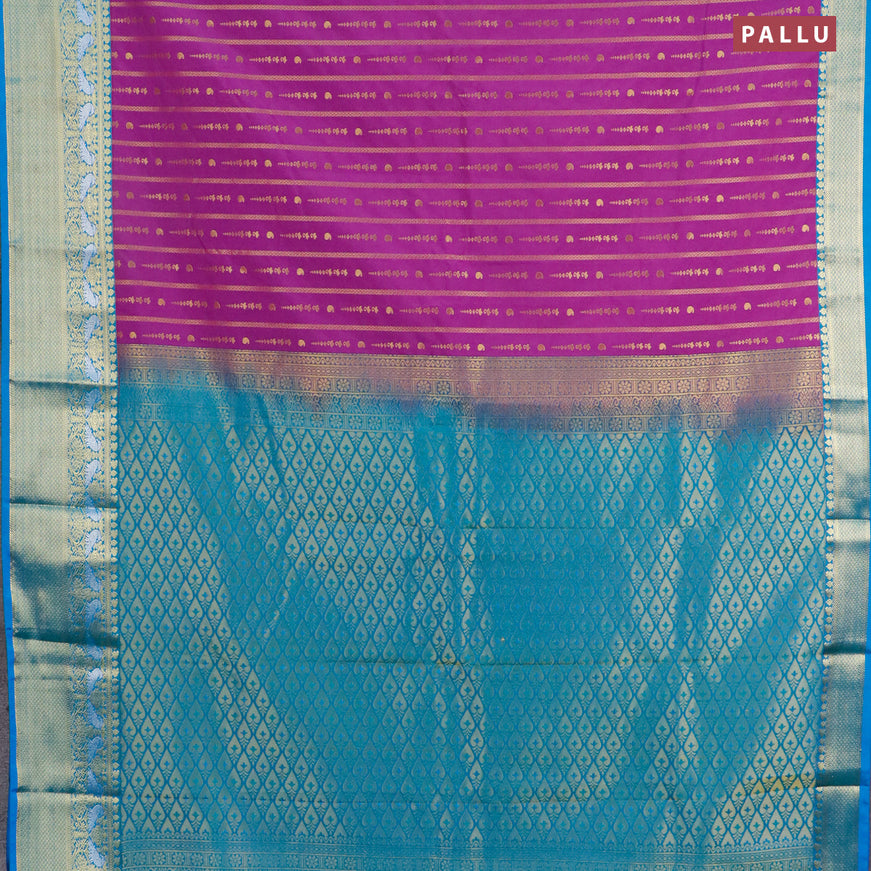 Semi kanjivaram silk saree purple and cs blue with allover zari weaves and zari woven korvai border
