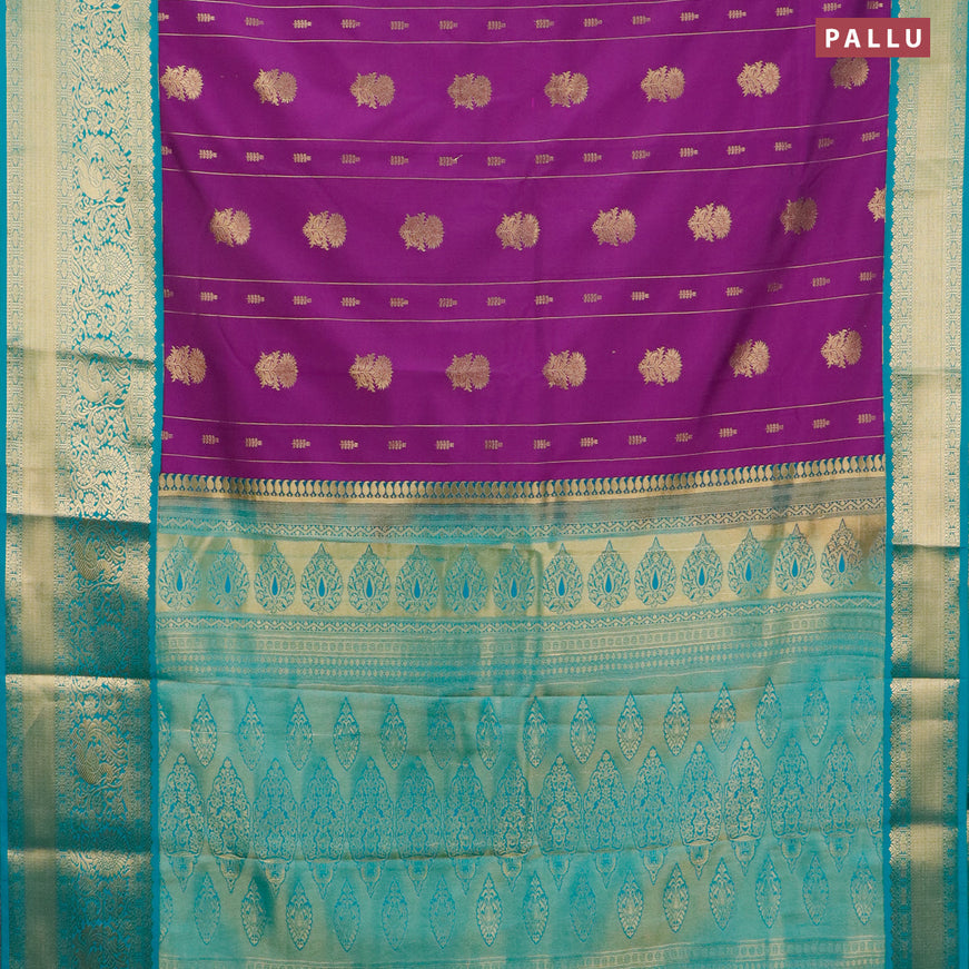 Semi kanjivaram silk saree purple and teal green with allover zari weaves & buttas and long zari woven korvai border