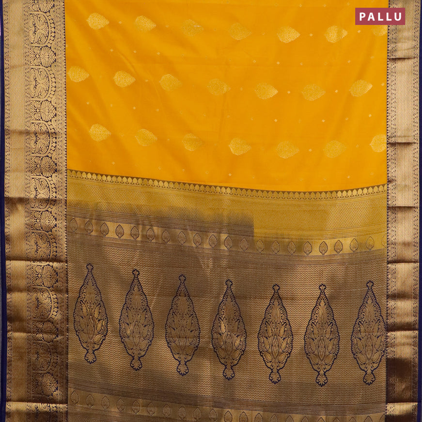 Semi kanjivaram silk saree mustard yellow and navy blue with zari woven buttas and zari woven korvai border