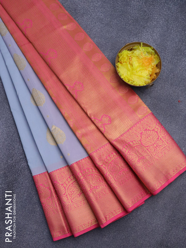 Semi kanjivaram silk saree grey and peach pink with zari woven buttas and zari woven korvai border
