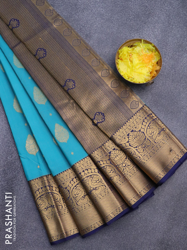 Semi kanjivaram silk saree blue and navy blue with zari woven buttas and zari woven korvai border