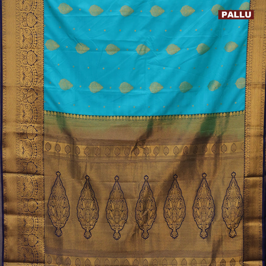 Semi kanjivaram silk saree teal blue and navy blue with zari woven buttas and zari woven korvai border