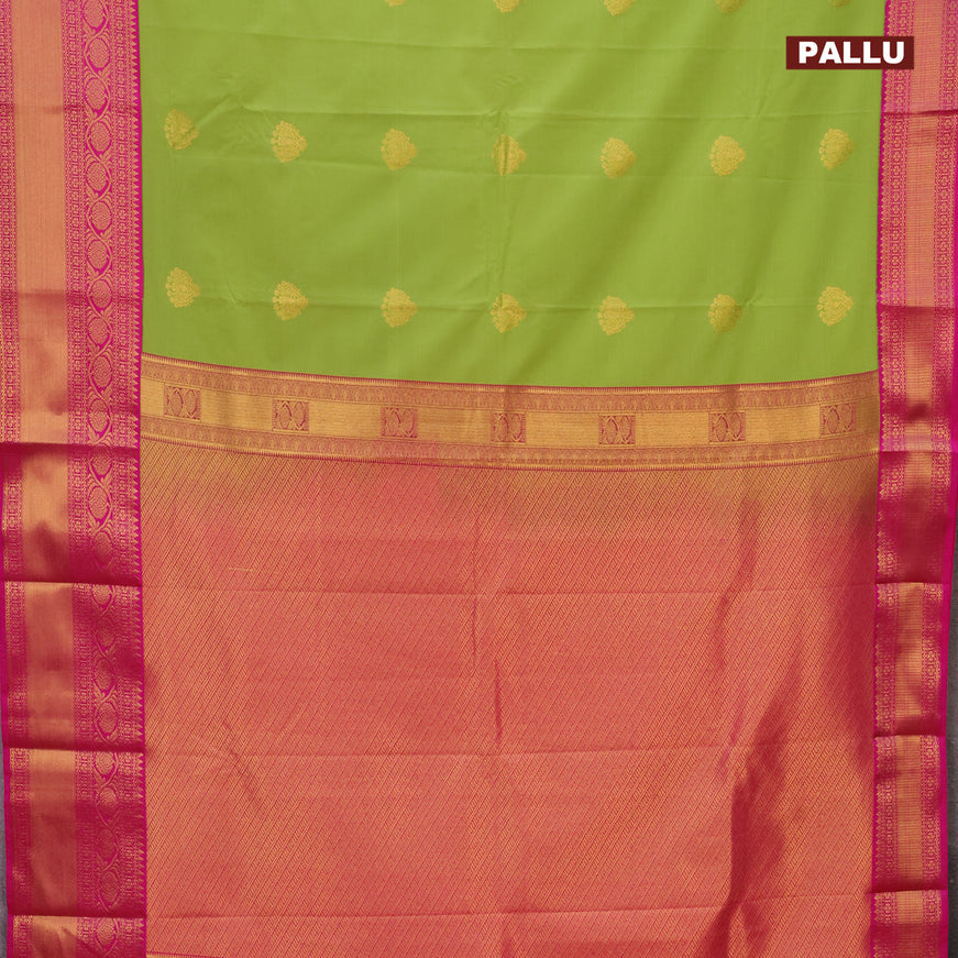 Semi kanjivaram silk saree pista green and pink with zari woven buttas and long zari woven korvai border