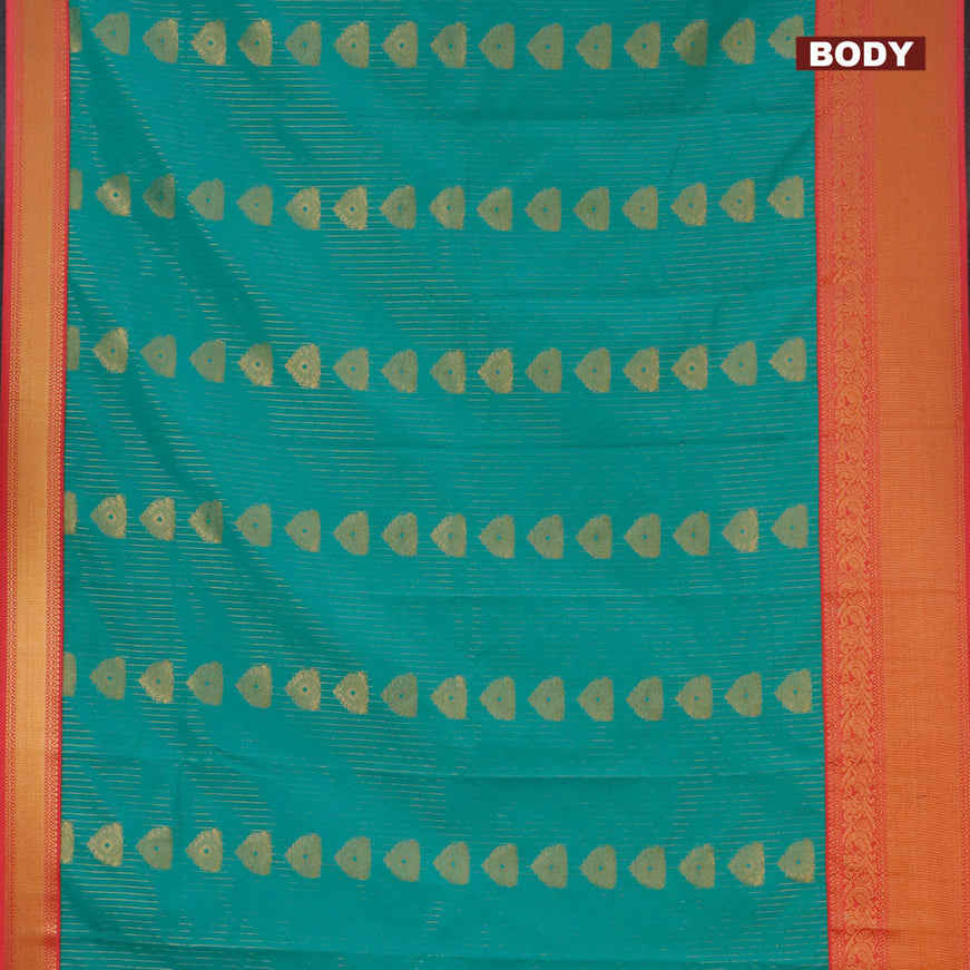 Semi kanjivaram silk saree teal blue and peach pink with allover zari weaves and zari woven korvai border