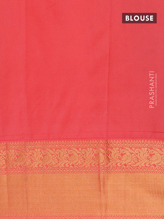 Semi kanjivaram silk saree teal blue and peach pink with allover zari weaves and zari woven korvai border
