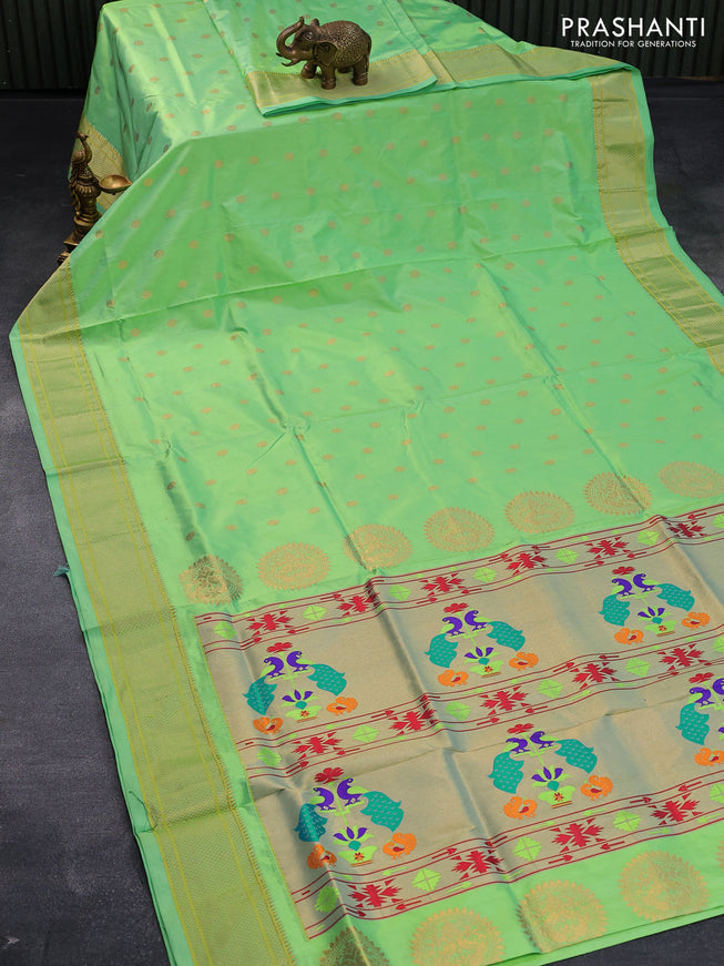 Pure paithani silk saree green shade with zari woven floral buttas and zari woven border