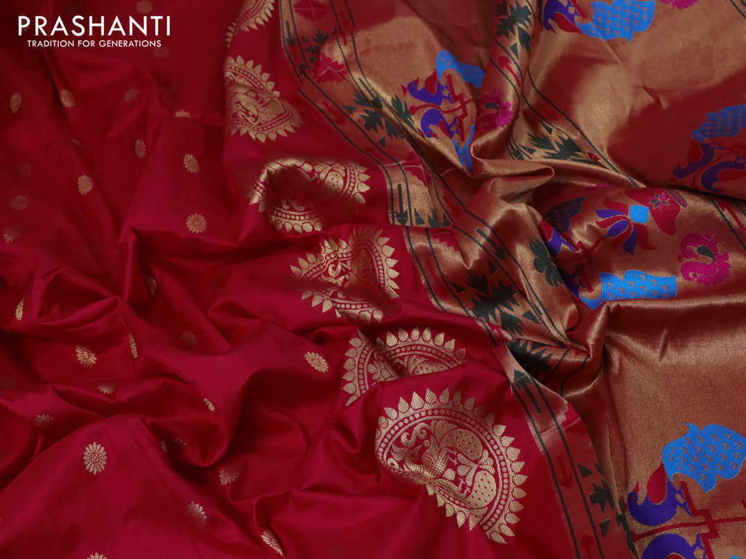 Pure paithani silk saree red with zari woven floral buttas and zari woven border
