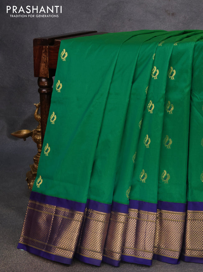 Pure paithani silk saree green and blue with peacock zari woven buttas and zari woven border
