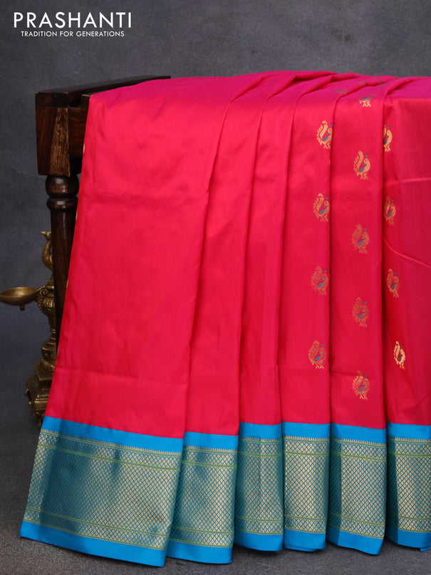 Pure paithani silk saree pink and cs blue with peacock zari woven buttas and zari woven border
