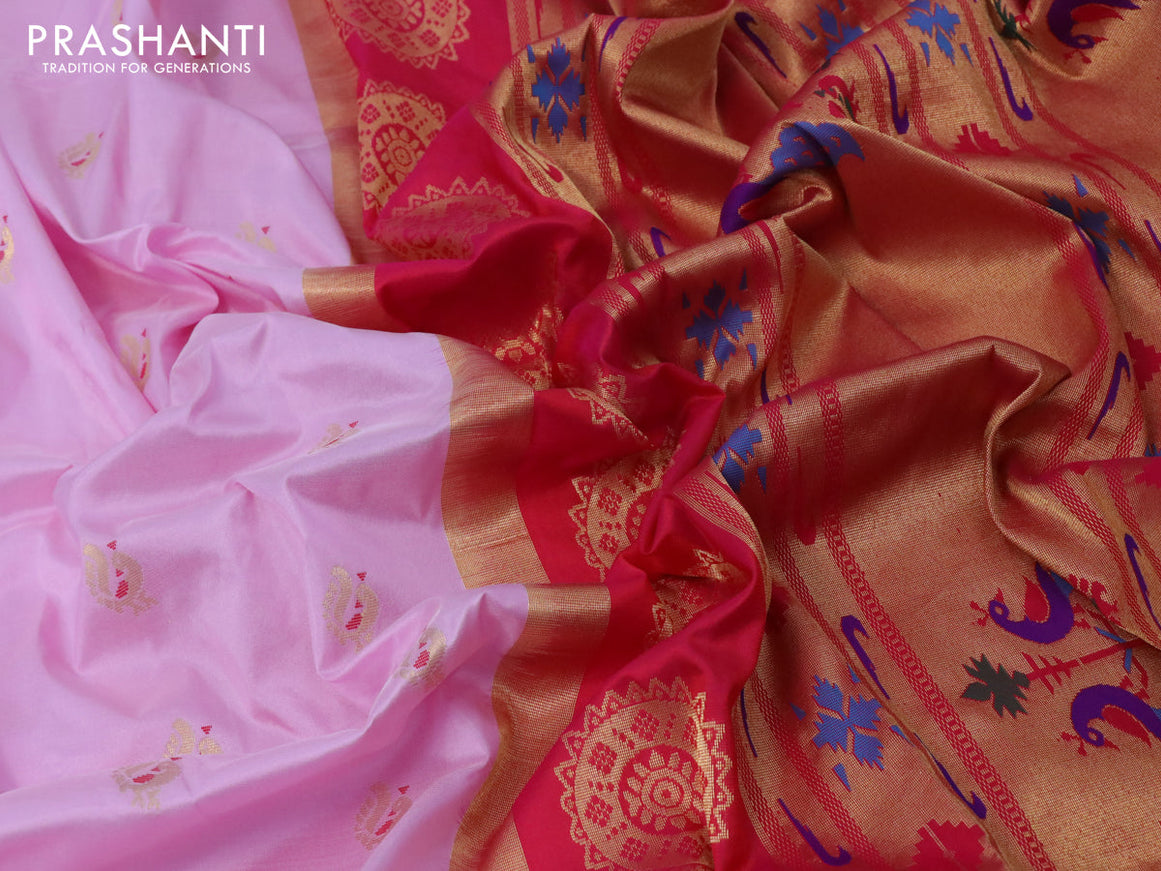 Pure paithani silk saree baby pink and pink with peacock zari woven buttas and zari woven border