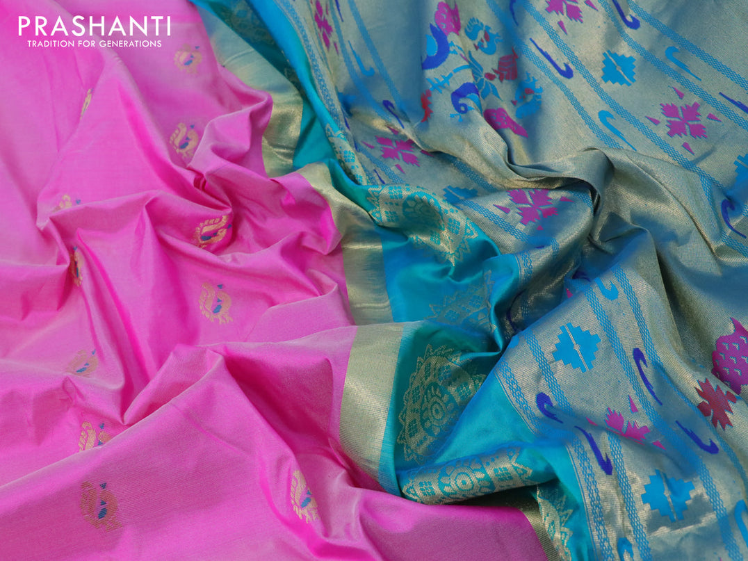 Pure paithani silk saree light pink and cs blue with peacock zari woven buttas and zari woven border