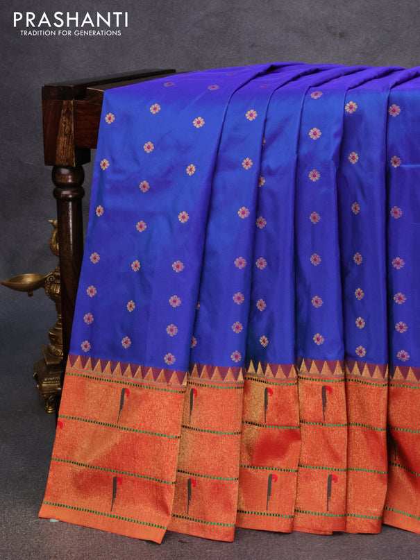 Pure paithani silk saree blue and red with allover zari woven floral buttas and zari woven paithani butta border