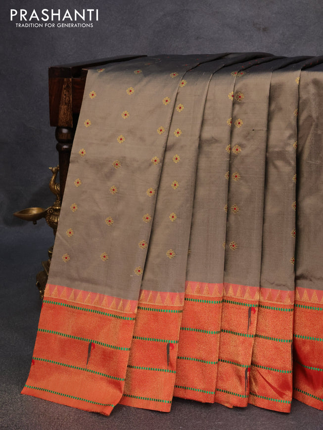 Pure paithani silk saree grey shade and red with allover zari woven floral buttas and zari woven paithani butta border