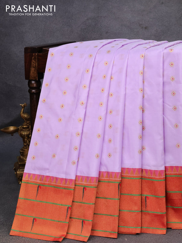 Pure paithani silk saree lavender shade and red with allover zari woven floral buttas and zari woven paithani butta border