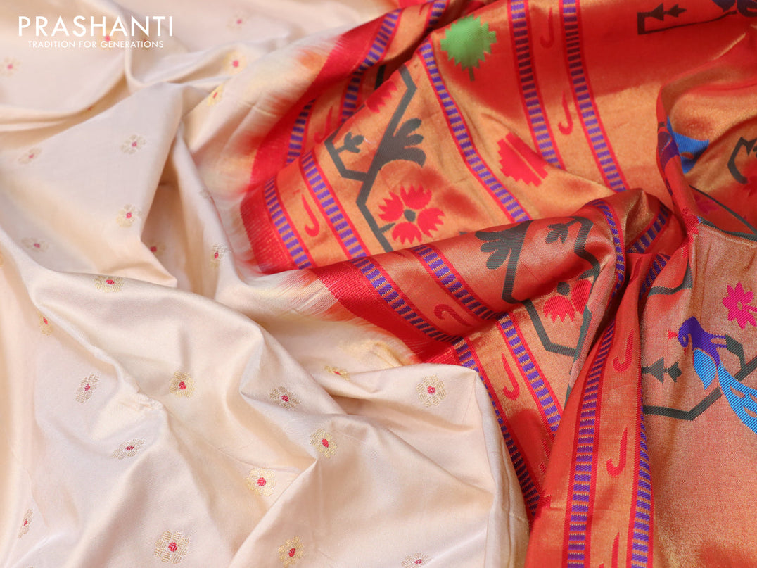Pure paithani silk saree cream and red with allover zari woven floral buttas and zari woven paithani butta border