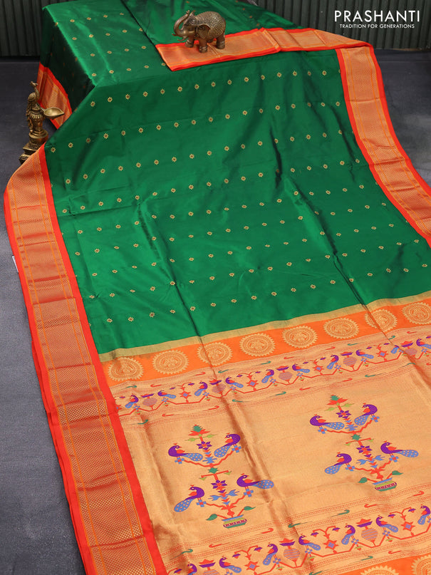 Pure paithani silk saree green and orange with allover zari woven floral buttas and zari woven border