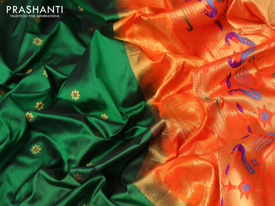 Pure paithani silk saree green and orange with allover zari woven floral buttas and zari woven border