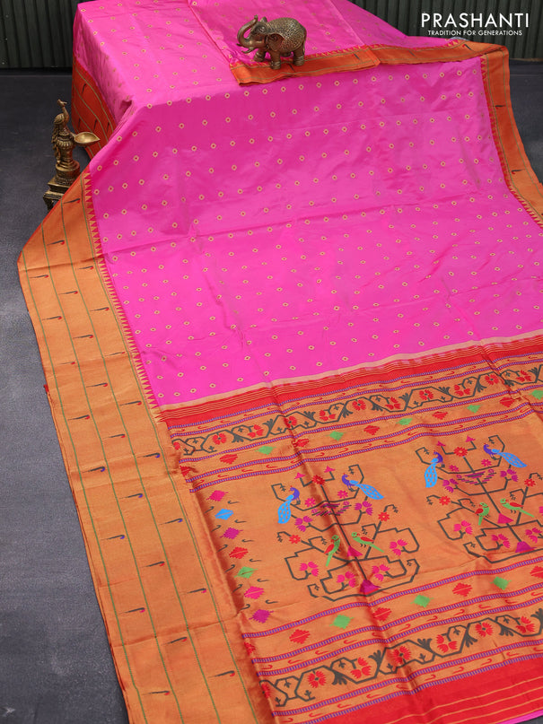 Pure paithani silk saree pink and red with allover zari woven floral buttas and zari woven paithani butta border