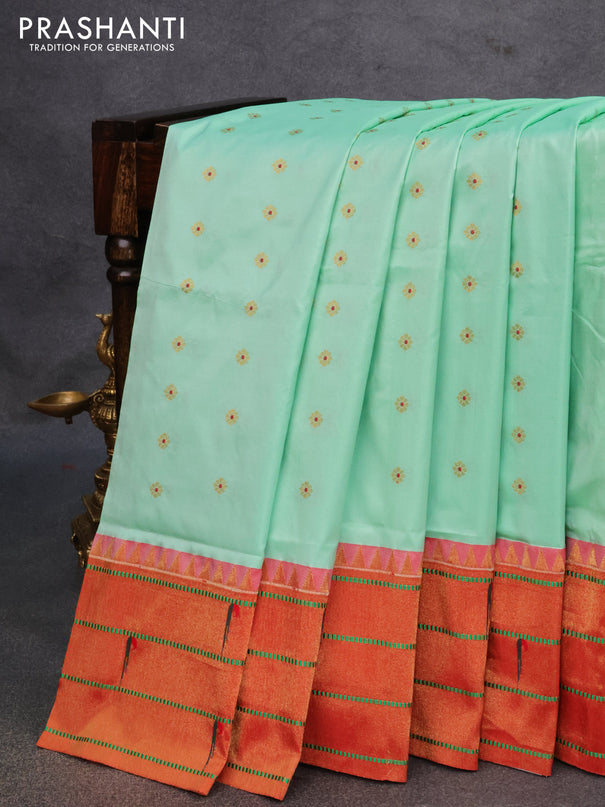 Pure paithani silk saree pastel green and red with allover zari woven floral buttas and zari woven paithani butta border