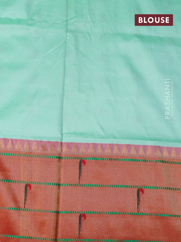 Pure paithani silk saree pastel green and red with allover zari woven floral buttas and zari woven paithani butta border
