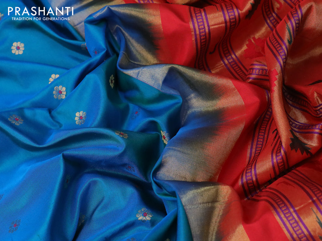 Pure paithani silk saree cs blue and red with allover zari woven floral buttas and zari woven paithani butta border