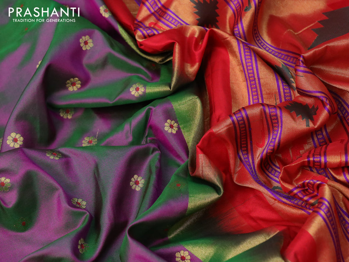Pure paithani silk saree dual shade of greenish purple and red with allover zari woven floral buttas and zari woven paithani butta border