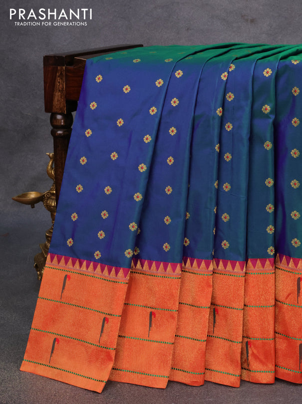 Pure paithani silk saree dual shade of bluish green and red with allover zari woven floral buttas and zari woven paithani butta border