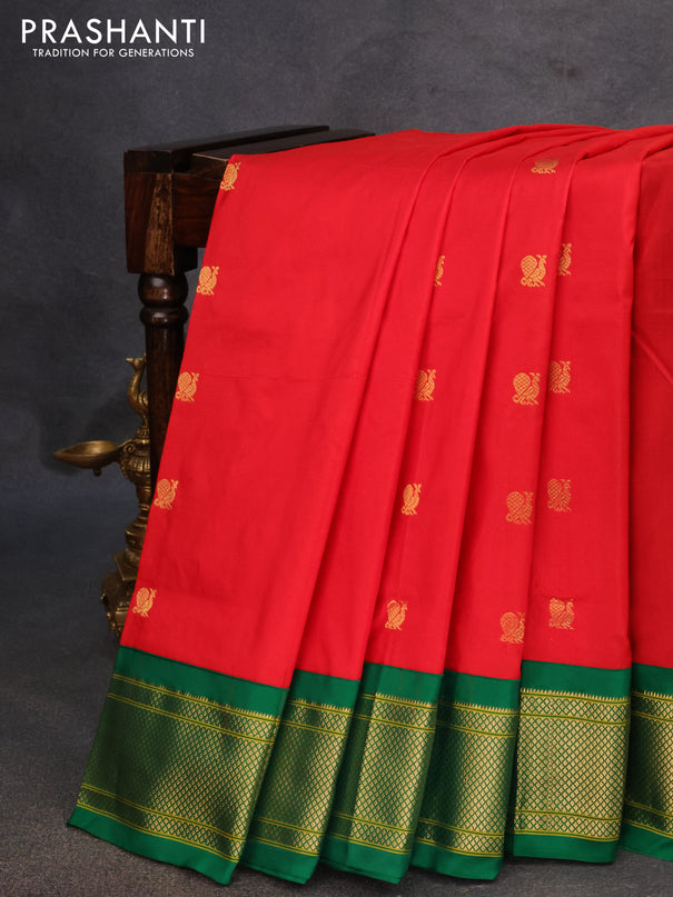 Pure paithani silk saree red and green with annam zari woven buttas and zari woven border