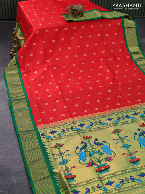 Pure paithani silk saree red and green with annam zari woven buttas and zari woven border