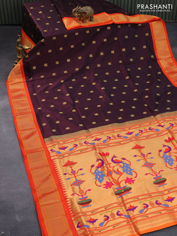 Pure paithani silk saree coffee brown and orange with annam zari woven buttas and zari woven border
