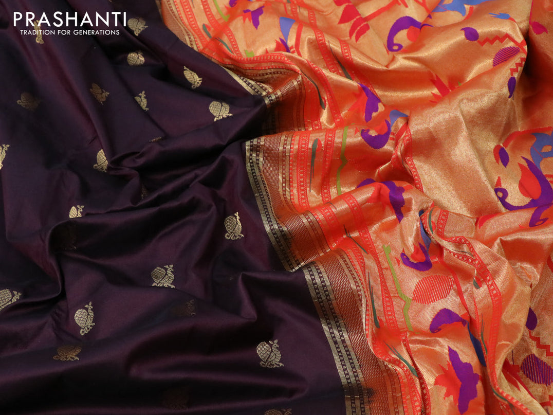 Pure paithani silk saree coffee brown and orange with annam zari woven buttas and zari woven border