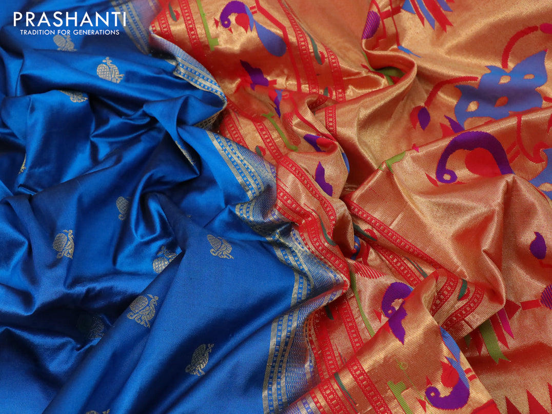 Pure paithani silk saree cs blue and red with annam zari woven buttas and zari woven border