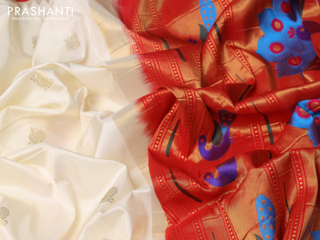 Pure paithani silk saree off white and red with annam zari woven buttas and zari woven paithani butta border