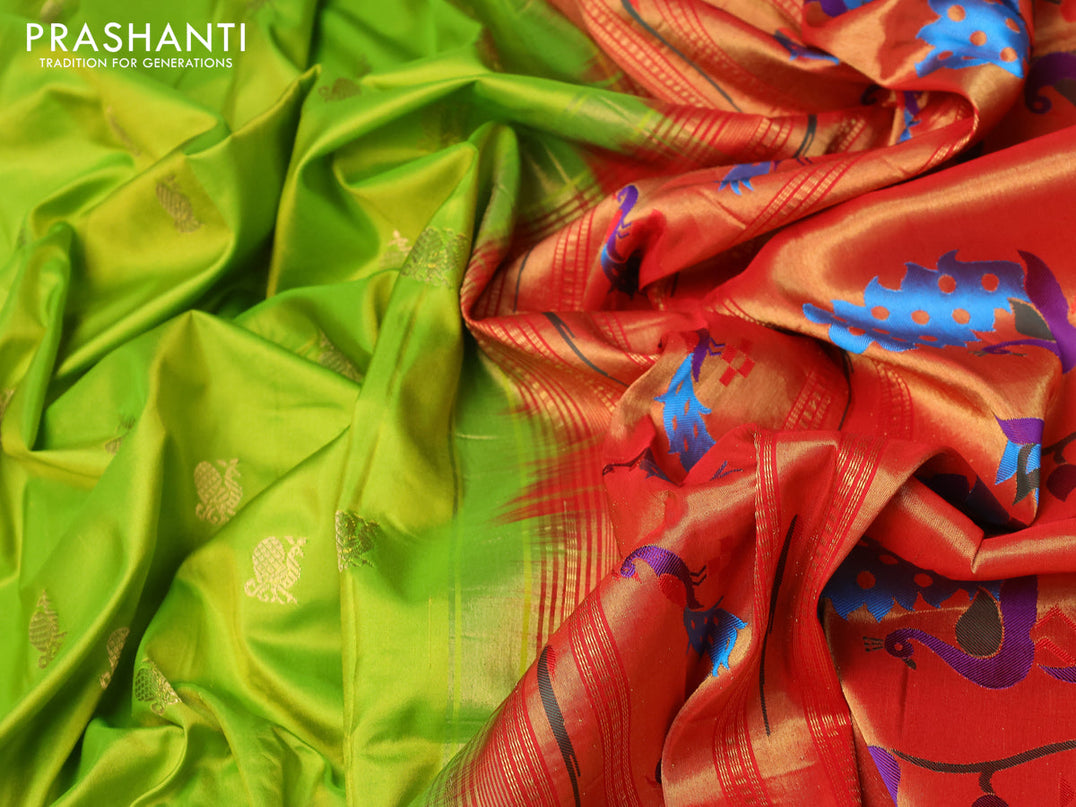 Pure paithani silk saree light green and red with annam zari woven buttas and zari woven paithani butta border