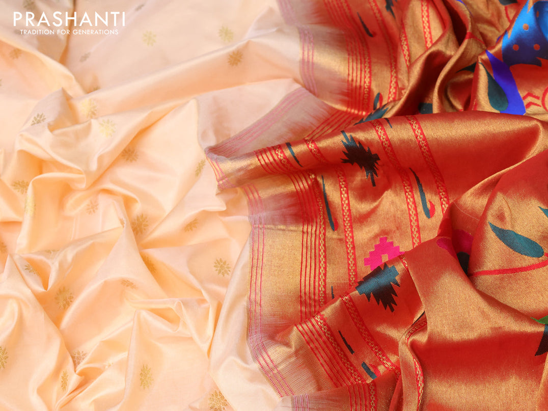 Pure paithani silk saree sandal and red with allover zari woven floral buttas and zari woven paithani butta border