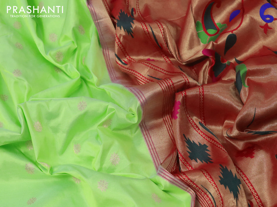 Pure paithani silk saree fluorescent green and red with allover zari woven floral buttas and zari woven paithani butta border