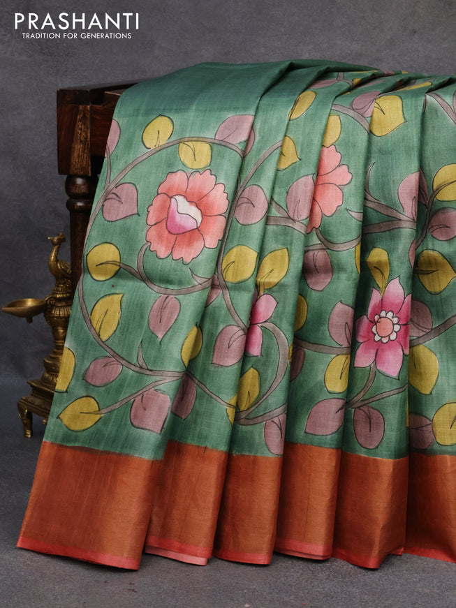 Pure tussar silk saree pastel green and maroon shade with allover floral kalamkari hand painted prints and zari woven border