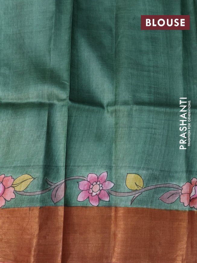 Pure tussar silk saree pastel green and maroon shade with allover floral kalamkari hand painted prints and zari woven border