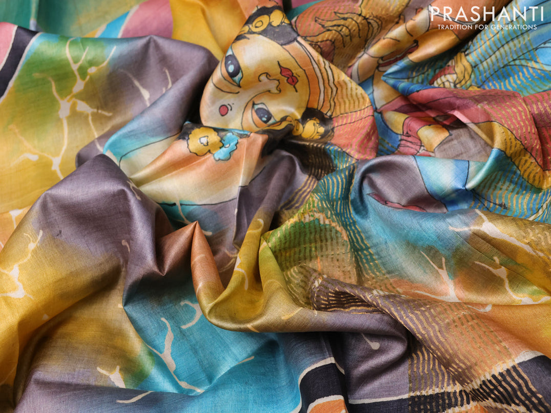 Pure tussar silk saree multi colour and grey shade with hand painted prints and zari woven border
